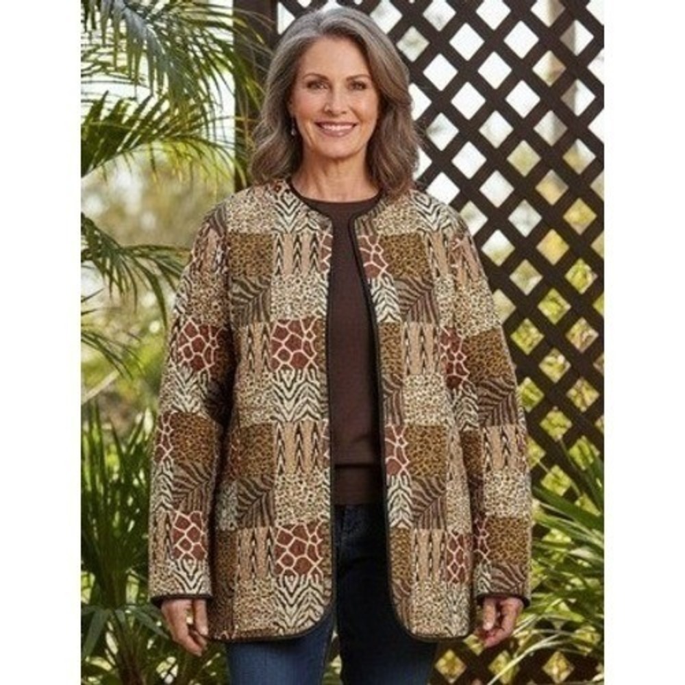 Blair Patchwork Blazer Jacket Women's L Animal Print Brown Grandma Old Money